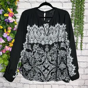 °BCBGMaxAzria Black Printed Long Sleeve Keyhole Cutout Blouse Size Large